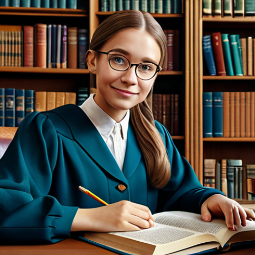 **

"A professional student, fully clothed in modest academic attire, sitting at a desk in a cozy library, surrounded by stacks of books, safe for work, appropriate content, perfect anatomy, natural pose, study atmosphere, family-friendly, professional illustration, high quality."

**