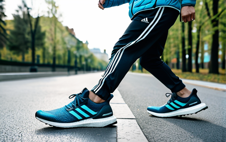 러닝화 최신 트렌드 - Adidas Ultraboost Parley on a Jogger**

A runner on a paved trail in a Moscow park, wearing Adidas U...